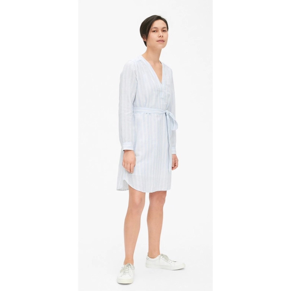 GAP Striped Linen Blend Shirt Dress Women Medium Blue White Belted V-Neck